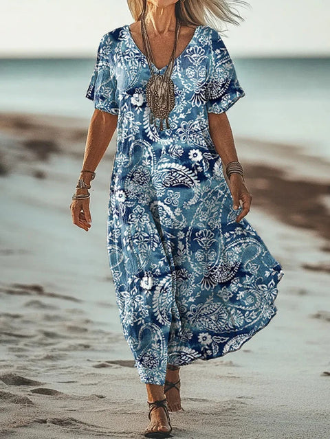 New 3D digital print ladies bohemian fashion V-neck dress summer m301249