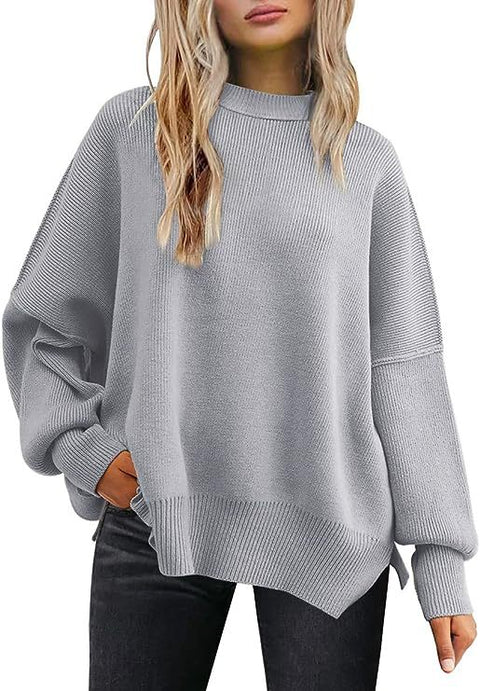 Crew neck bat wing long-sleeved sweater autumn knitted side slit jumper m301590