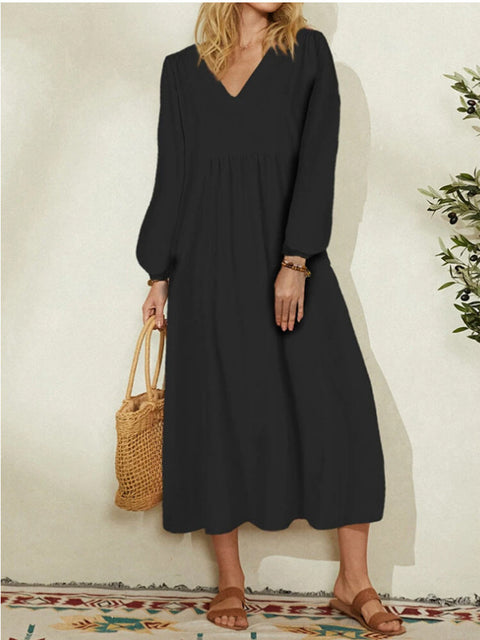 Women's cotton and linen loose lantern sleeve dress m301242