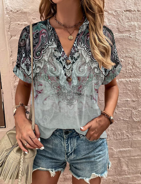 Printed twisted button fashionable blouse women's m300010