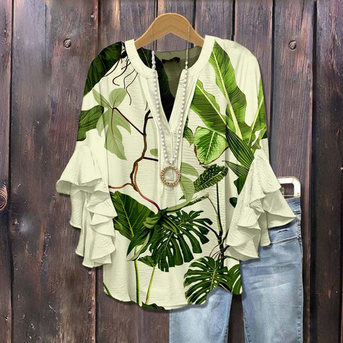 Creative floral element printing digital printing casual trend V-neck lotus edge T-shirt women's m301769