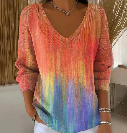 Shoulder V-neck long-sleeved autumn leaf 3D digital printing women's top FF303401 03