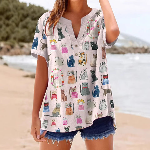 Bedrucktes V-Ausschnitt Kurzarm-T-Shirt m303021