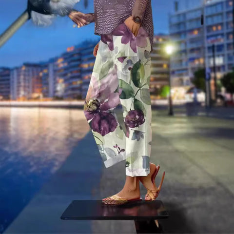 Linglong hemp digital printing simple crimped casual pants m303184