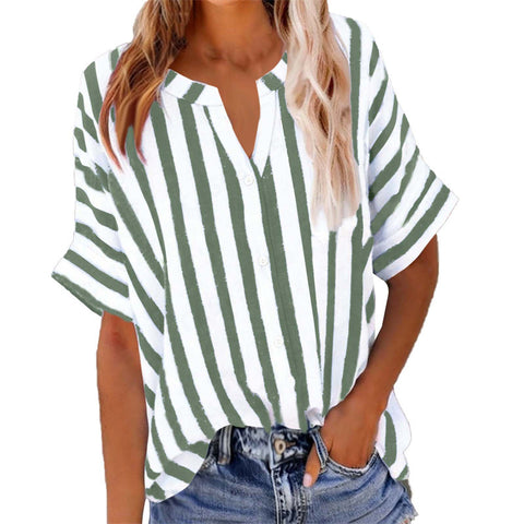 Women's top shirt loose casual V-neck button striped contrasting short sleeve m302416