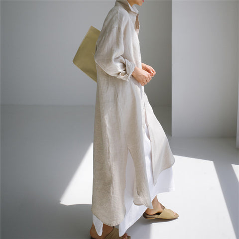 knee-length split-ended outer cotton and linen shirt solid color dress m300698