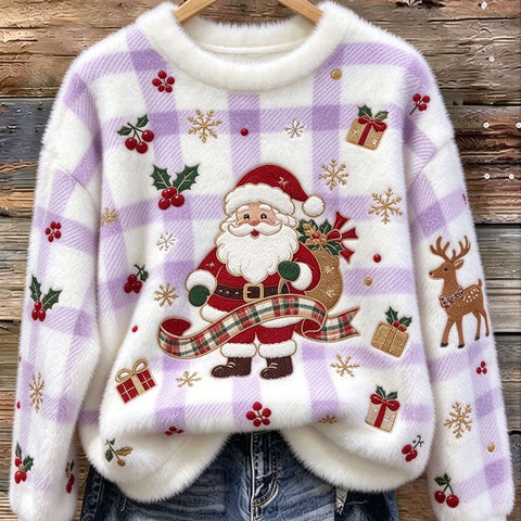 Christmas cartoon old man reindeer print flannel women sweater FF303511