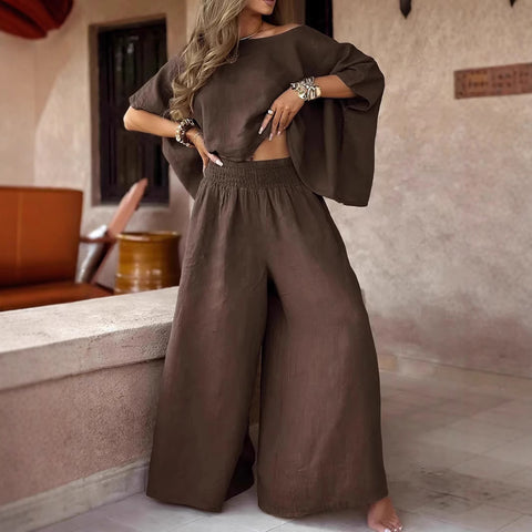 Solid color explosive casual loose round neck off-the-shoulder summer women's suit m302330