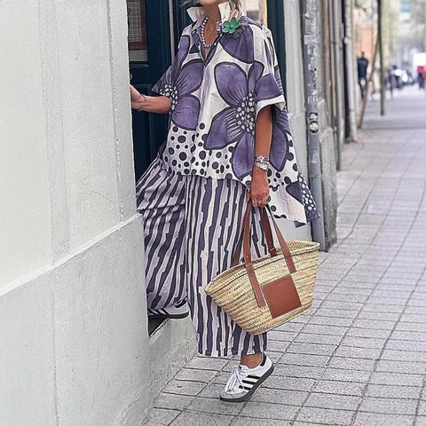 Women's lapel loose geometric printing casual suit m301238