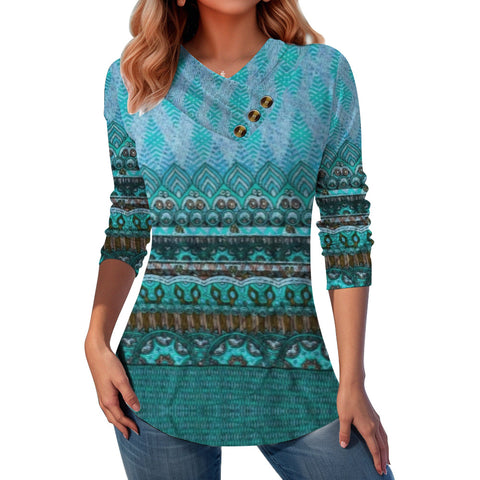 Spring and Autumn New Women's 3D Printed V-Neck Casual Long Sleeve Button T-Shirt Top m301747