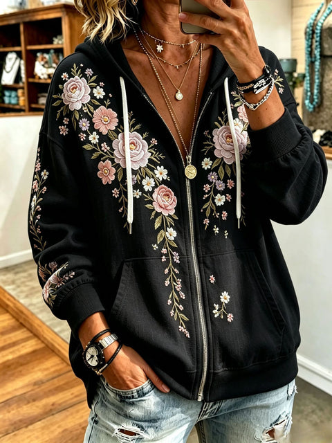 Sequin floral elements 3D digital printing loose casual hooded sweater m303215