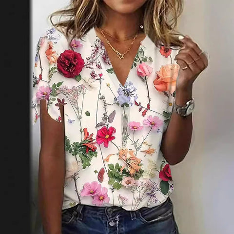 Faux cotton short-sleeve V-neck printed women's wear m303193