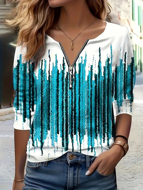 Women's Autumn Loose Design Ethnic Crew Neck Printed Zipper Long Sleeve POLO Shirt m301774