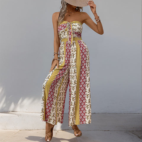 Summer hot-selling high-waisted lace-up wide-leg pants with splicing ethnic style casual wide-leg trousers m300833