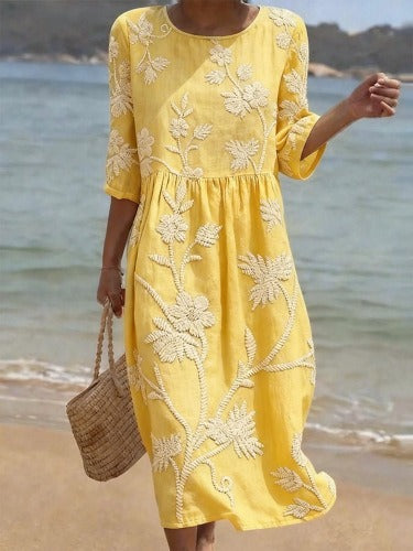 Women's medium and long sleeves side bag crew neck dress seaside vacation loose dress m302606