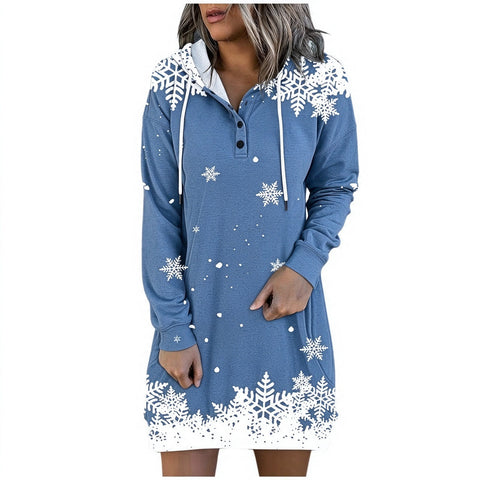 Autumn and Winter Snowflake 3D Printed Button Hooded Sweater Long Women's Top FF303509