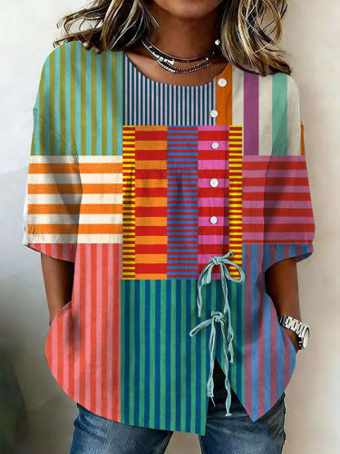 Color matching loose blouse five-button drawstring m302924