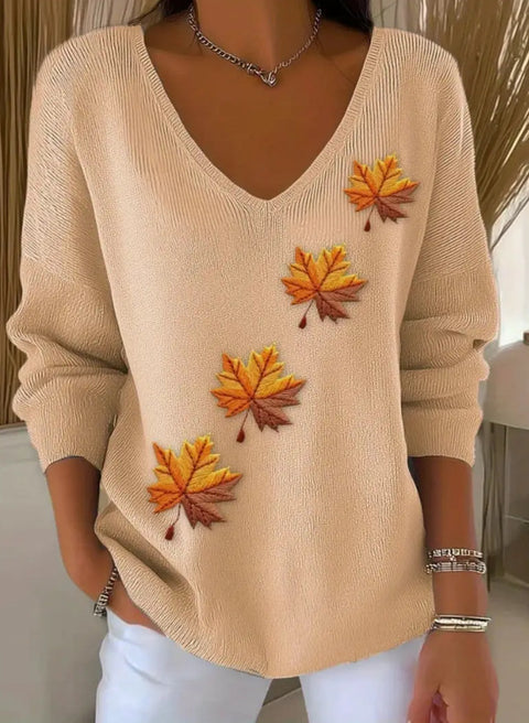 Shoulder V-neck long-sleeved autumn leaf 3D digital printing women's top FF303401 03