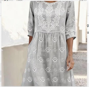 Women's medium and long sleeves side bag crew neck dress seaside vacation loose dress m302606