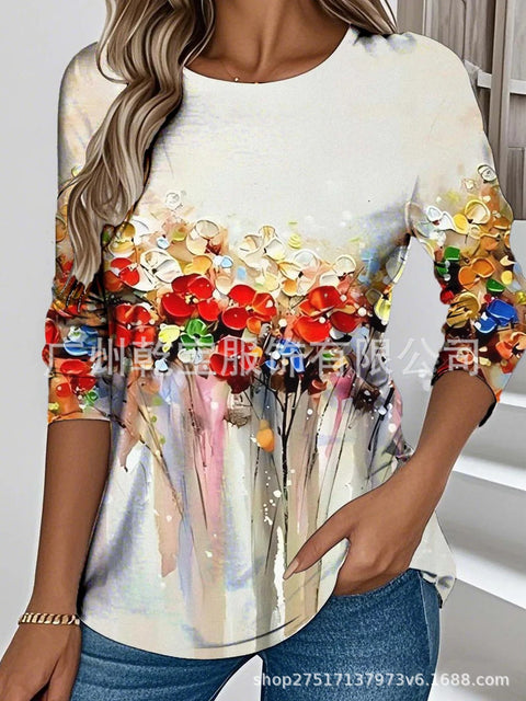 Plant and flower print casual round neck long-sleeved top T-shirt m302251