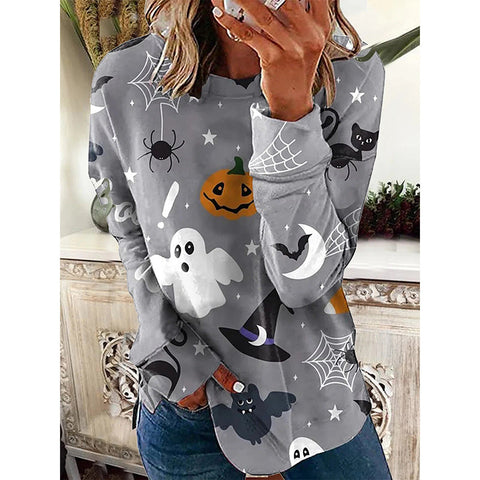 Gray Casual Graphic Tops Round Neck Long Sleeve Halloween Printed Sweatshirts M800019