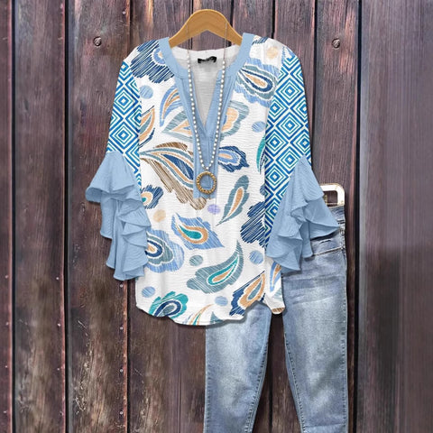 Creative floral element printing digital printing casual trend V-neck lotus edge T-shirt m301358