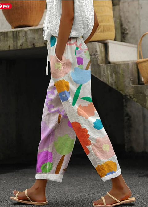 Linglong hemp digital printing simple crimped casual pants m303184