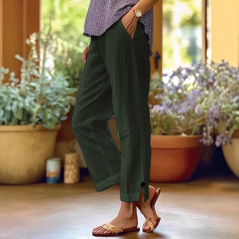 Women's cotton and linen loose solid color elastic waist pocket straight casual pants m301424