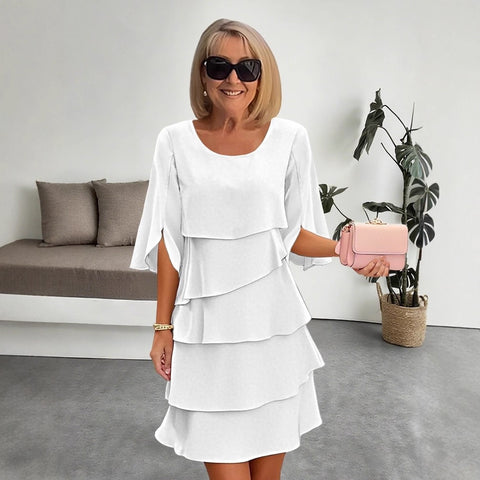 Fashion solid color round neck cake skirt splicing dress women's m302730