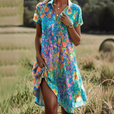Crew neck short sleeve long dress bohemian print dress m300908