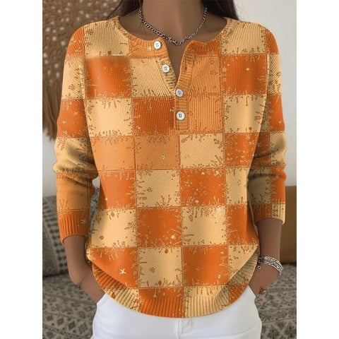 Vintage 3D digital printing four-button stand-up collar Polo sweater women m302158