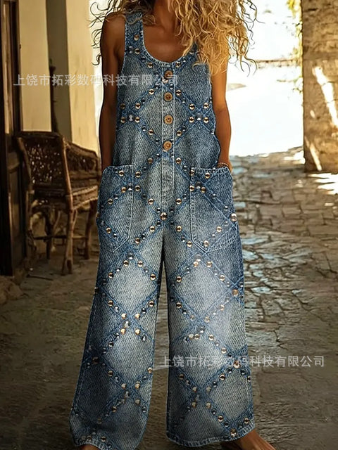 Retro trend wide-leg pants overalls women's sleeveless imitation denim m302436