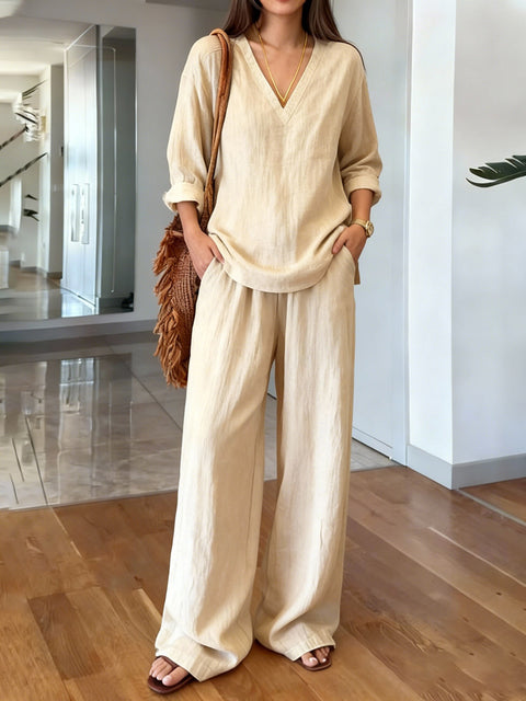 Casual V-neck pullover long sleeve plus trousers washed cotton multi-color m302407