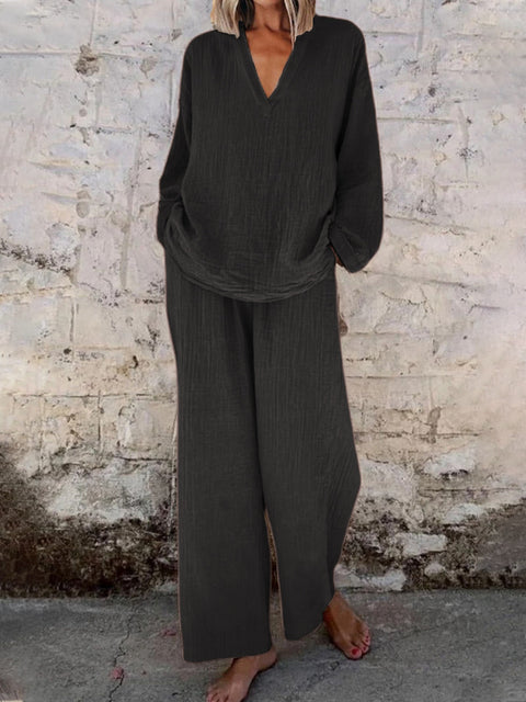 Casual V-neck pullover long sleeve plus pocket trousers cotton multi-color women's suit m301441