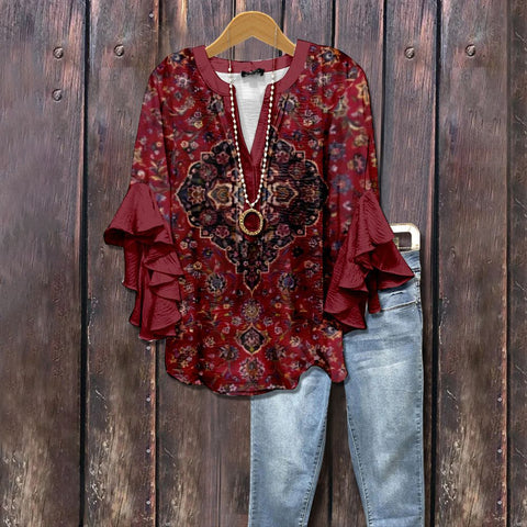 Digital printing casual trend V-neck lotus edge T-shirt women's m302725-1
