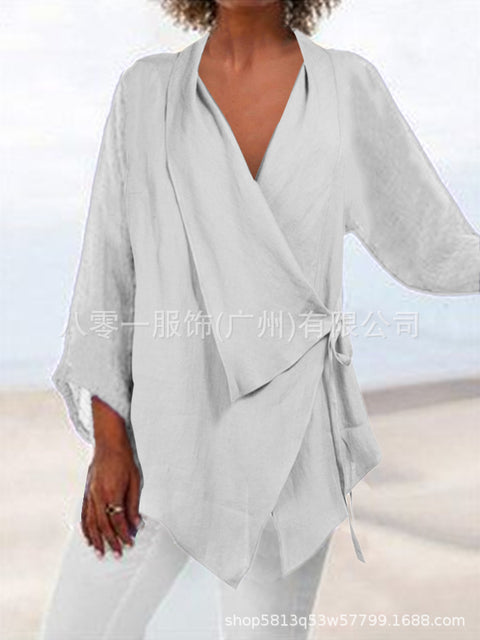 Solid color lace-up irregular hem cotton and linen women's casual top m302058