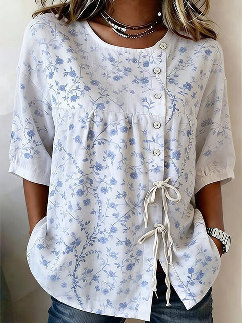 Temperament women's long-sleeved shirt printed top lace-up shirt m302925