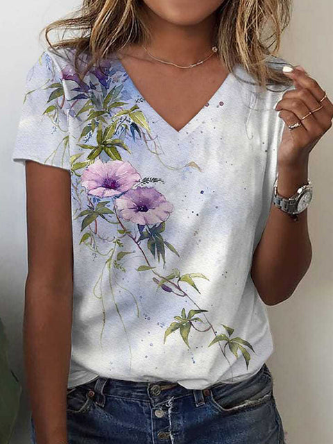 V-neck top 3D rose morning glory T-shirt m303194