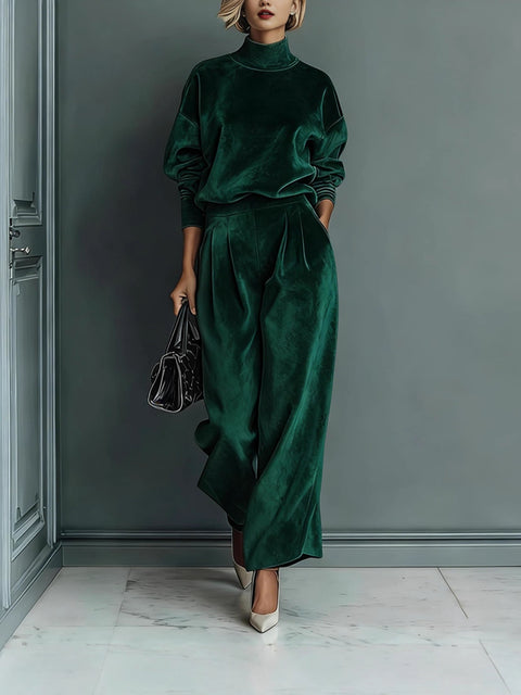 Casual two-piece suit golden velvet long-sleeved solid color high-necked wide-leg pants m302327