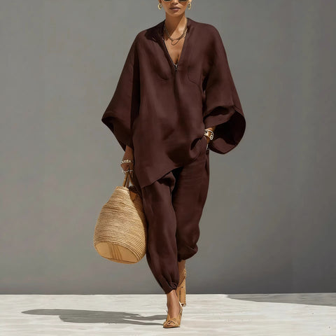 Women's casual style design bat sleeve V-neck lazy loose set m302386