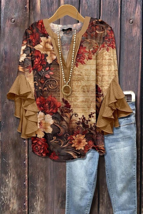 Digital printing casual trend V-neck lotus edge T-shirt women's m302725-1