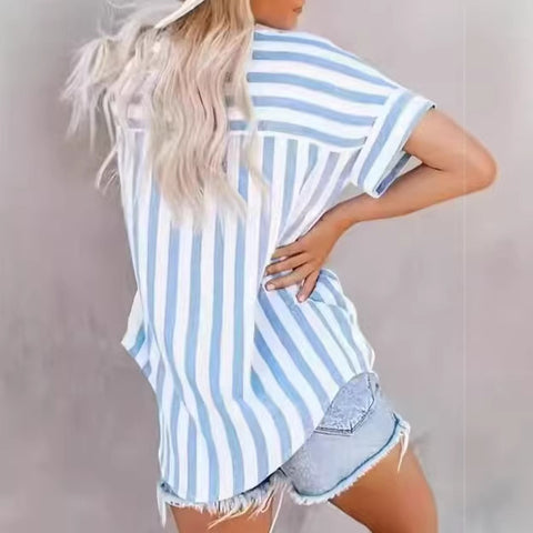 Versatile blue and white striped casual women's short-sleeved shirt m302415