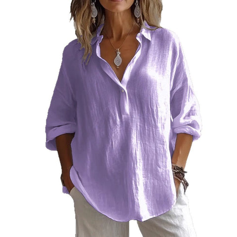 Solid color casual loose long-sleeved linen V-neck shirt m301732