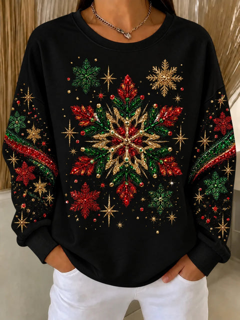 Snowflake print crew neck long-sleeved casual pullover sweater FF303508