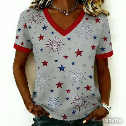 Women's short-sleeved Independence Day commemorative elements retro digital printing T-shirt m302361