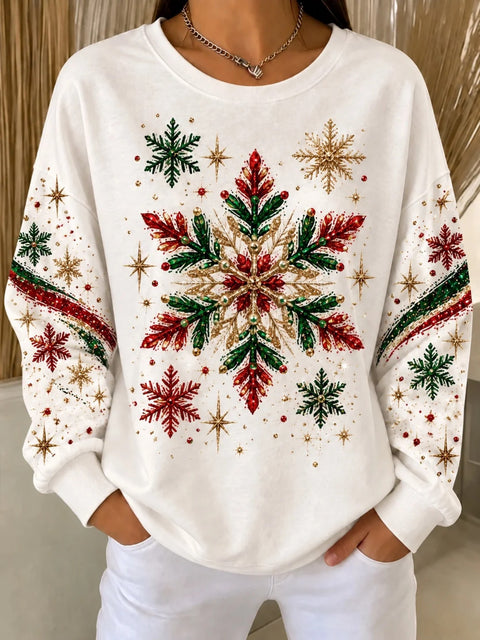 Snowflake print crew neck long-sleeved casual pullover sweater FF303508