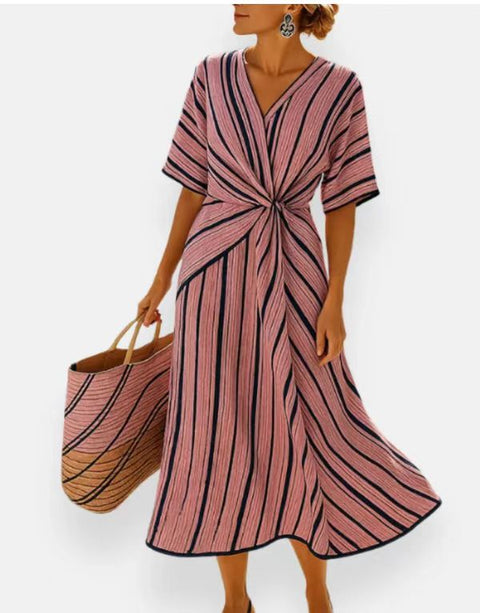 V-neck women's fashion elegance commuter ladies printed striped dress print ladies print ladies m302355