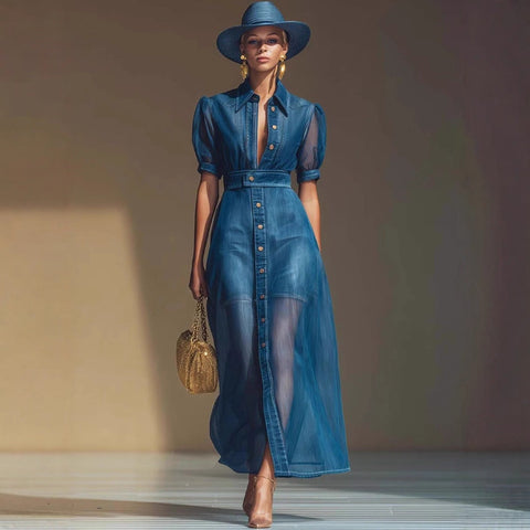 V-neck short-sleeved jacket organza blue imitation denim dress m303247