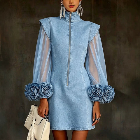 Fashion mesh stitching denim flower dress FF303453