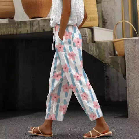 Women's pocket casual printing elastic waist trousers straight-leg trousers m301372